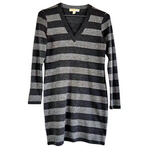 Michael Kors Women's Gray Silver Striped Knit Sweater Dress V-Neck Minimalist M